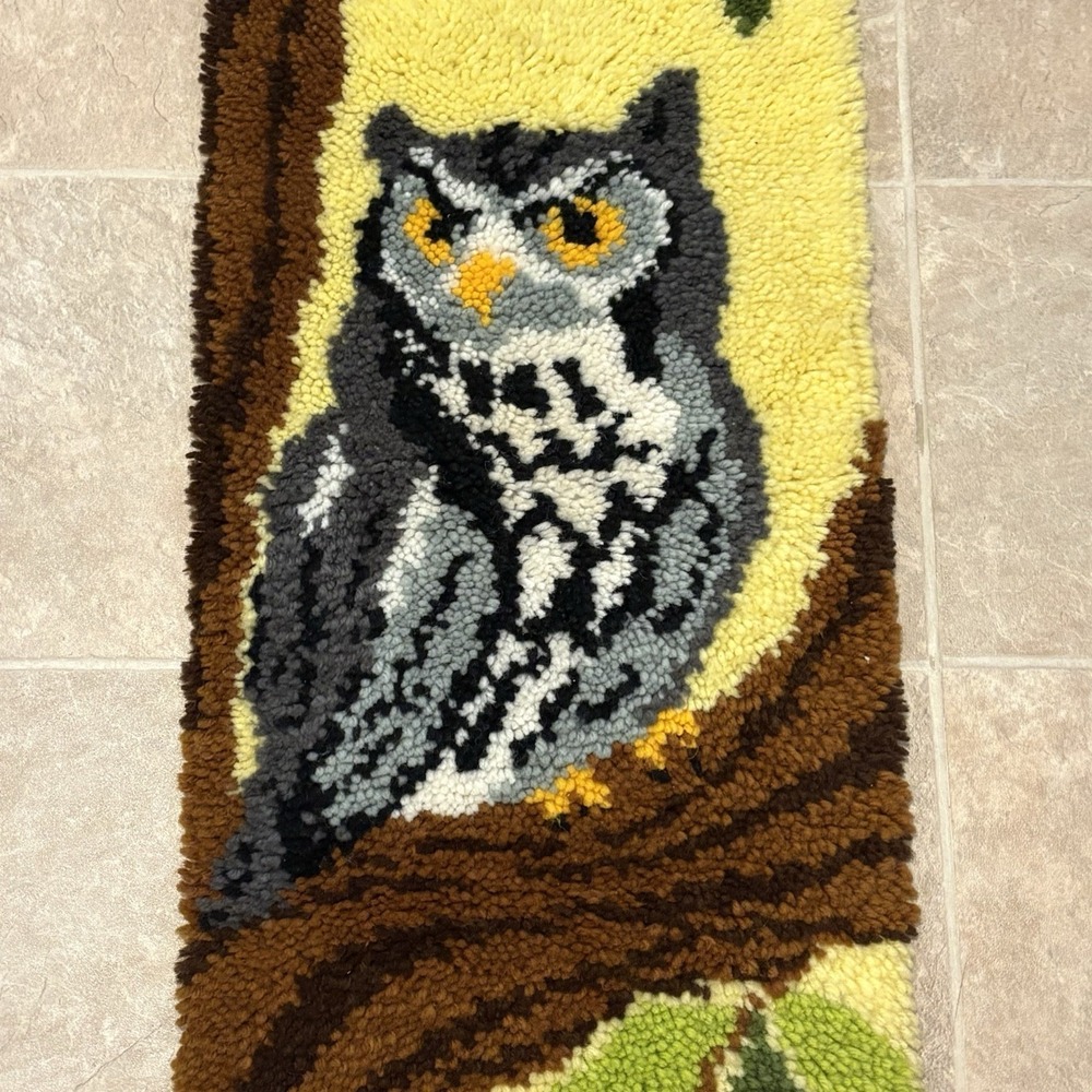 1970s Large Vintage Great Gray Owl Latch Hook Wall Hanging 16x48‎